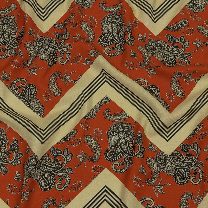 Linen and Rayon Woven – White and Orange Paisley and Chevron – Well Travelled Trails Print – Mood Exclusive Rockland Collection