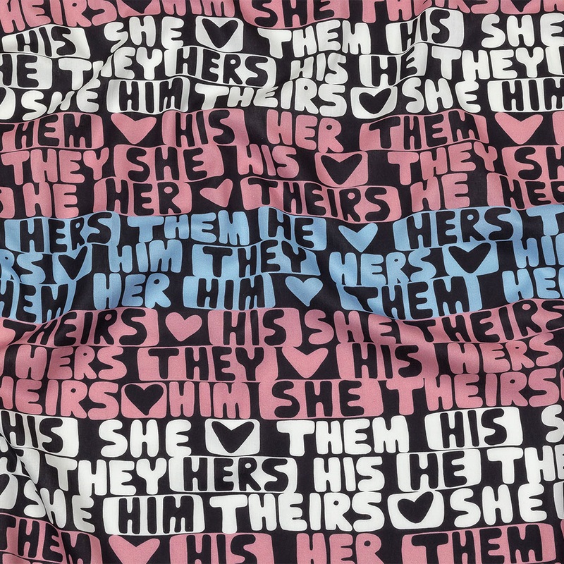 Mercerized Organic Egyptian Cotton Voile – Blue, White, and Pink Pronoun Stripes – More Than Words Print – Mood Exclusive Pride Collection