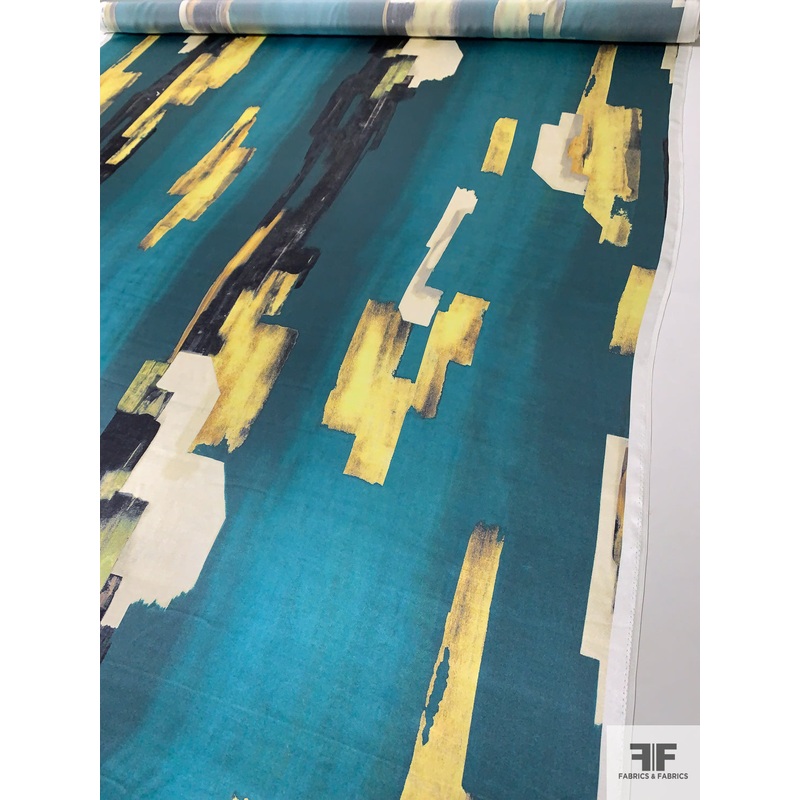 Painterly Strokes Printed Silk Charmeuse – Ocean Teal / Yellow / Cream Fabric by the Yard