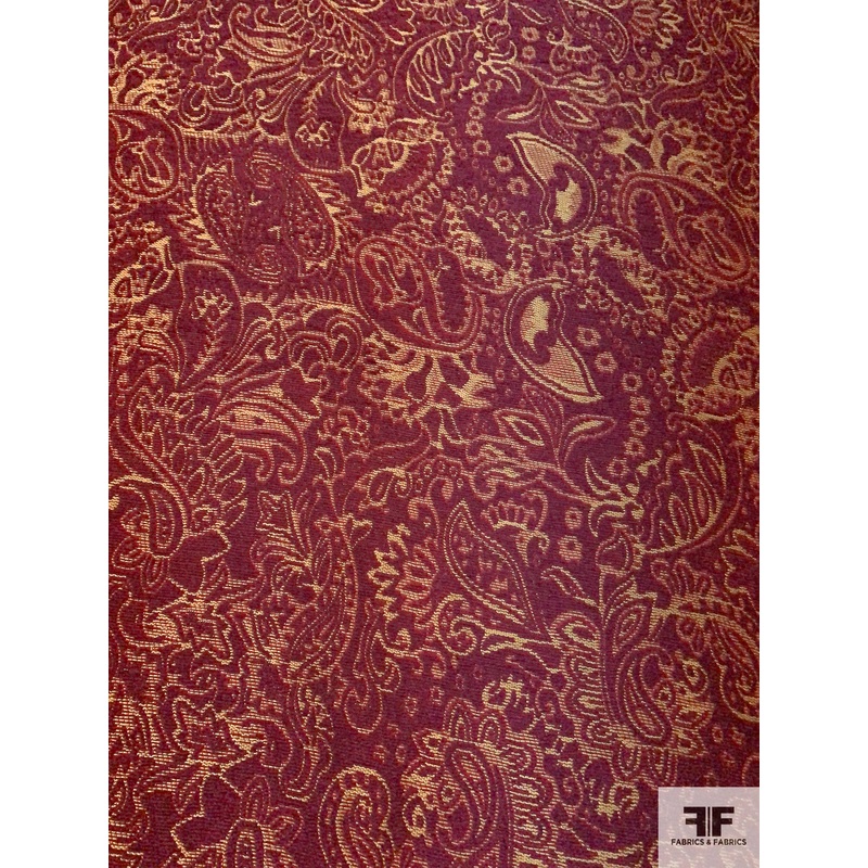 Paisley Leaf Tapestry-Look Brocade – Berry / Yellow-Gold Fabric by the Yard