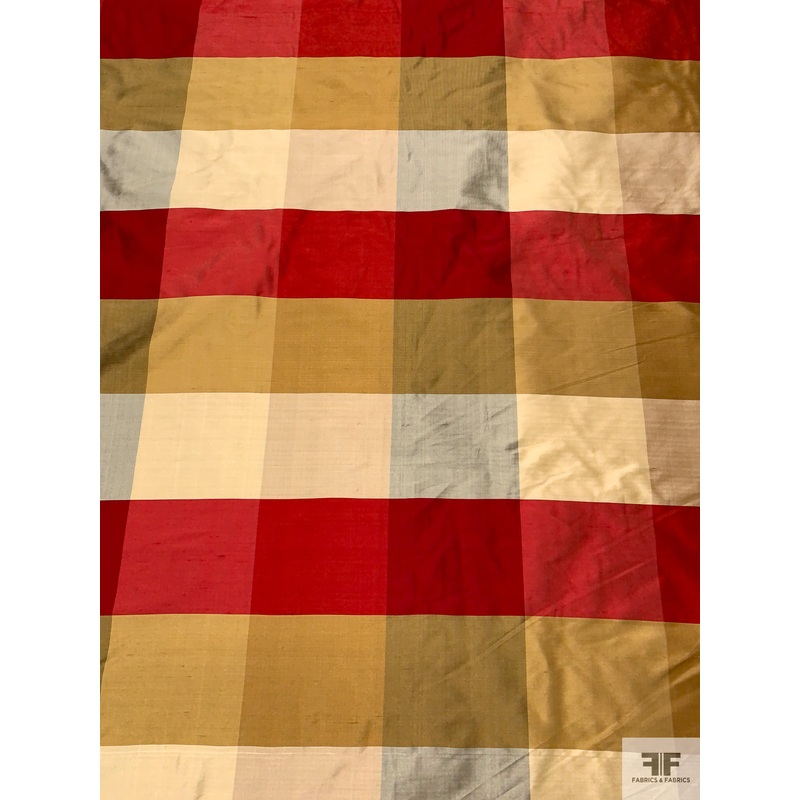 Plaid Yarn-Dyed Silk Shantung – Strawberry Reds / Yellow Ochre Fabric by the Yard