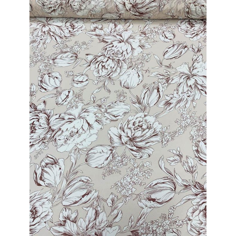 Romantic Floral Printed Silk Chiffon – Tan / White / Brown Fabric by the Yard
