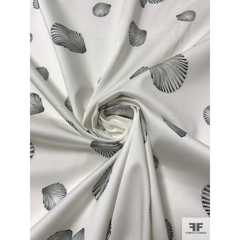 Seashells Printed Stretch Fine Cotton Twill – Off-White / Grey / Black Fabric by the Yard