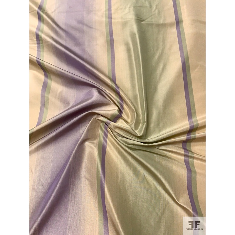 Vertical Striped Yarn-Dyed Silk Taffeta – Purple Lavender / Sage / Champagne Fabric by the Yard