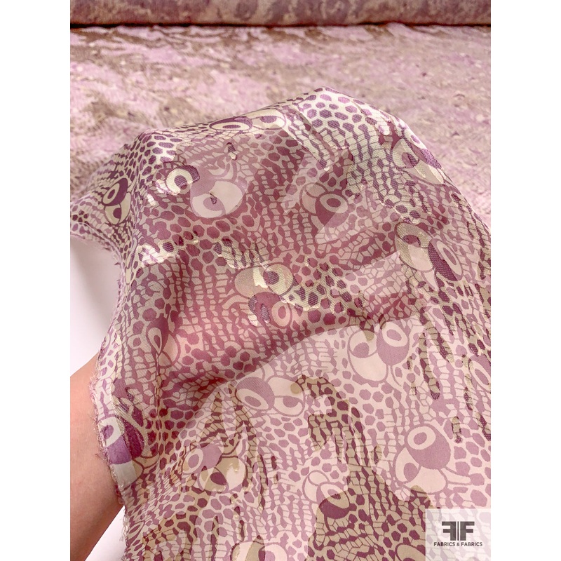 Abstract Printed Burnout Silk Blend Chiffon – Dusty Purple / Light Beige Fabric by the Yard