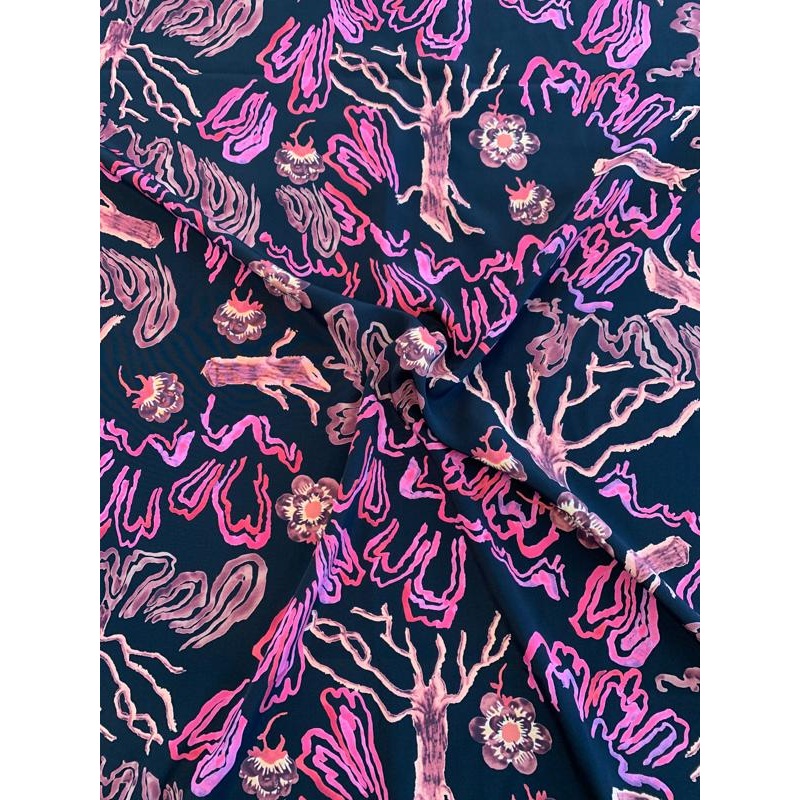 Abstract Printed Silk Crepe de Chine – Black / Pink / Tan / Dusty Rose-Purple Fabric by the Yard