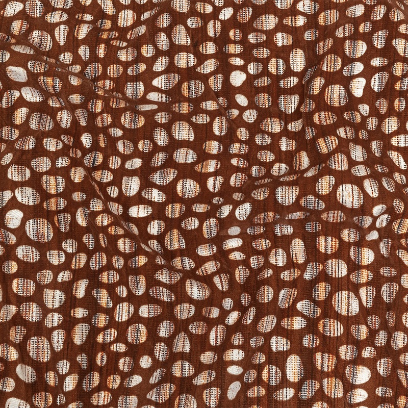Brown Flocked Bubbles on Brown, Orange and White Distressed Stripes Printed Stretch Cotton Twill