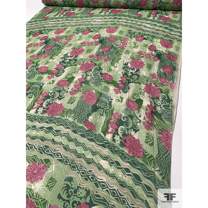 Collage and Floral Printed Crinkled Silk Chiffon Panel – Shades of Green / Pinks Fabric by the Panel