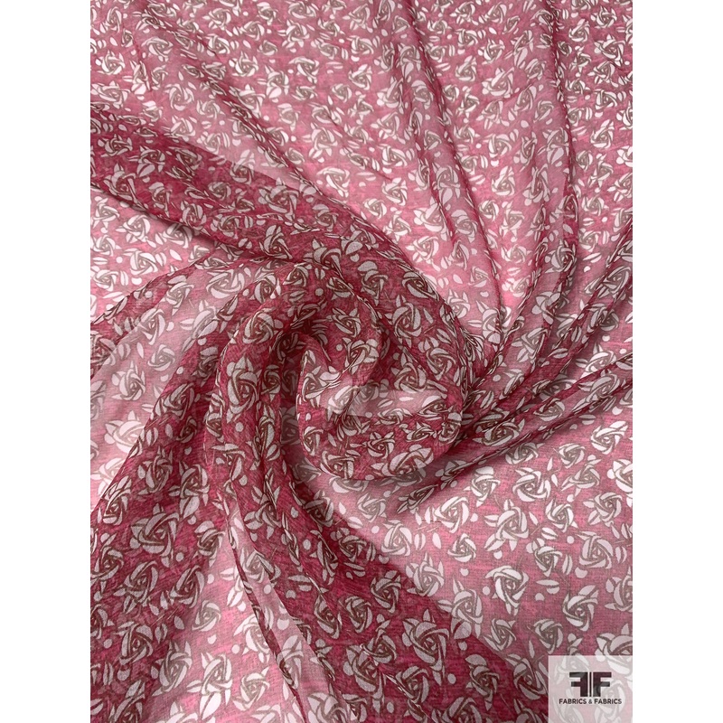 Ditsy Floral Landscape Printed Silk Chiffon – Hot Pink / Maroon / White Fabric by the Yard
