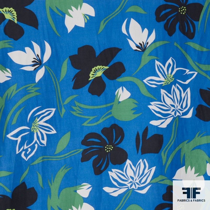 Floral Printed Washed Heavy Silk Habotai -Blue/Green/Black Fabric by the Yard