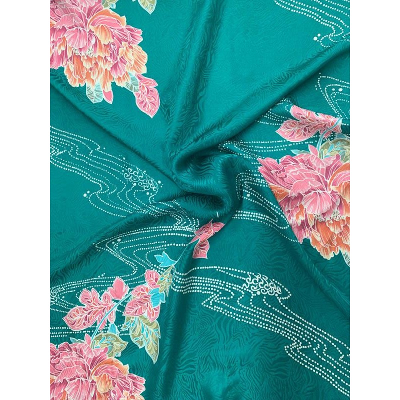 Floral River Printed Silk Jacquard – Teal / Pink / White Fabric by the Yard