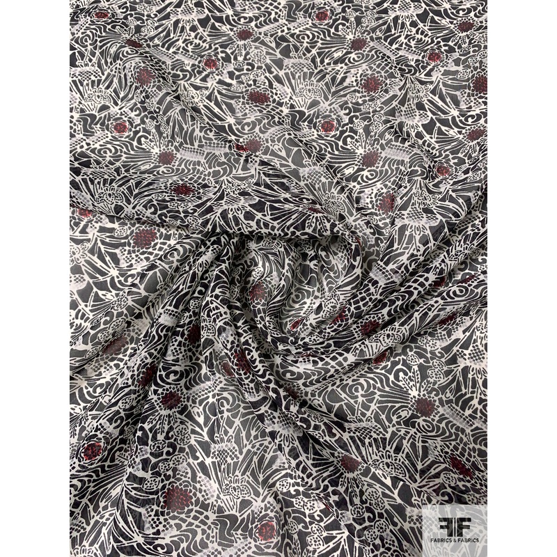 Italian Abstract Printed Silk Chiffon – Black / Off-White / Strawberry Fabric by the Yard