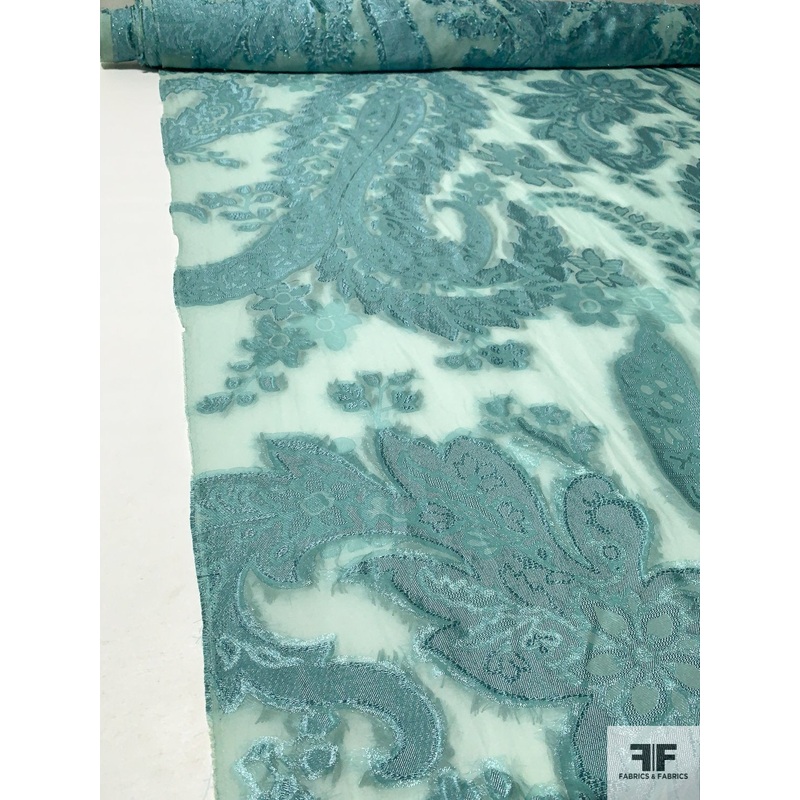 Italian Largescale Paisley Silk Chiffon Fil Coup with Lurex – Dusty Turquoise Fabric by the Yard
