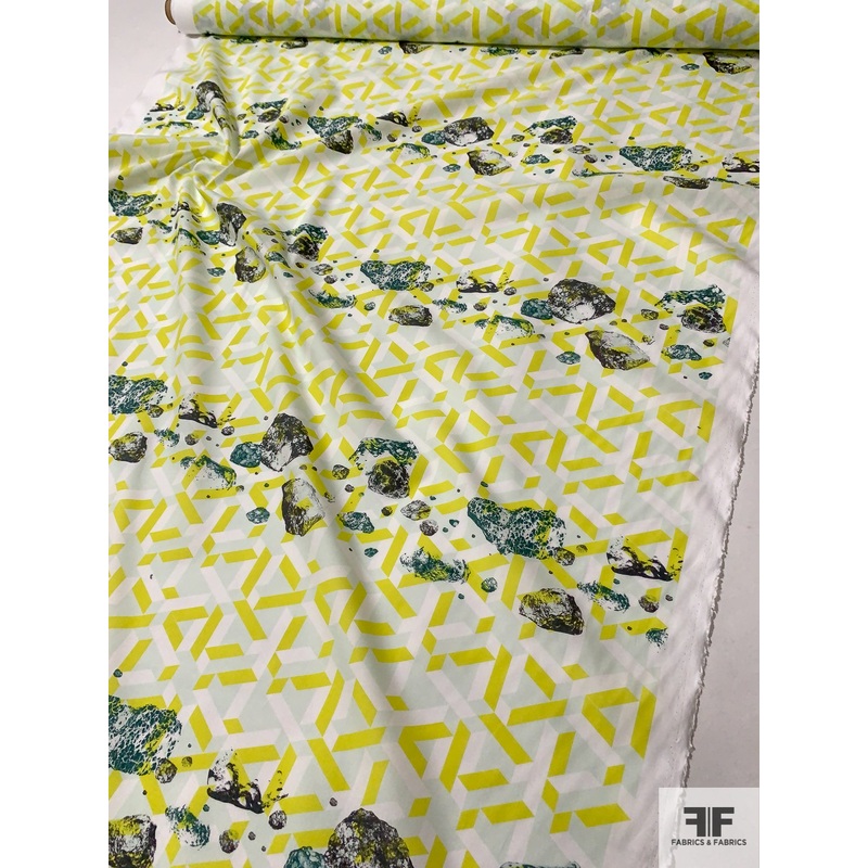 Modern Meteor Printed Cotton Lawn – Chartreuse / Dusty Mint / Teal / Deep Grey Fabric by the Yard