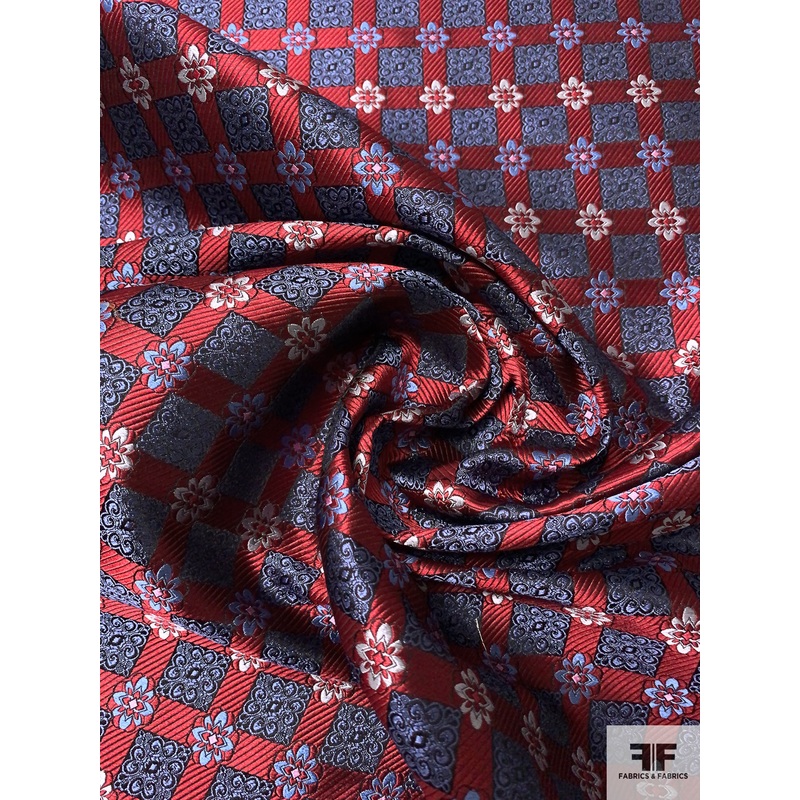 Ornate Grid Silk Necktie Jacquard Brocade – Maroon / Carolina Blue / Grey Fabric by the Yard