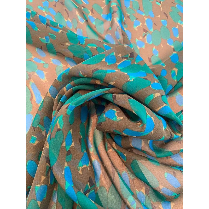 School of Spots Printed Silk Chiffon – Olive Green / Evergreen / Blue Fabric by the Yard
