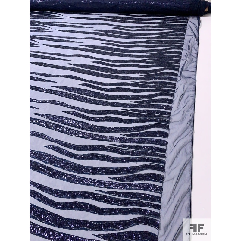 Streaky Pattern Embroidered Tulle with Sequins – Navy Fabric by the Yard