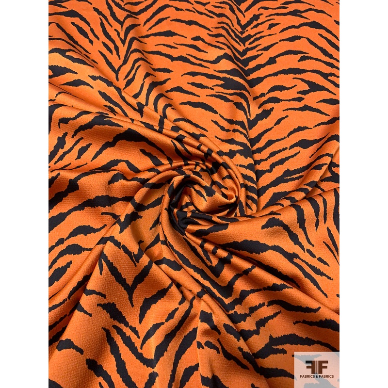 Tiger Printed Hammered Polyester Charmeuse – Burnt Orange / Black Fabric by the Yard