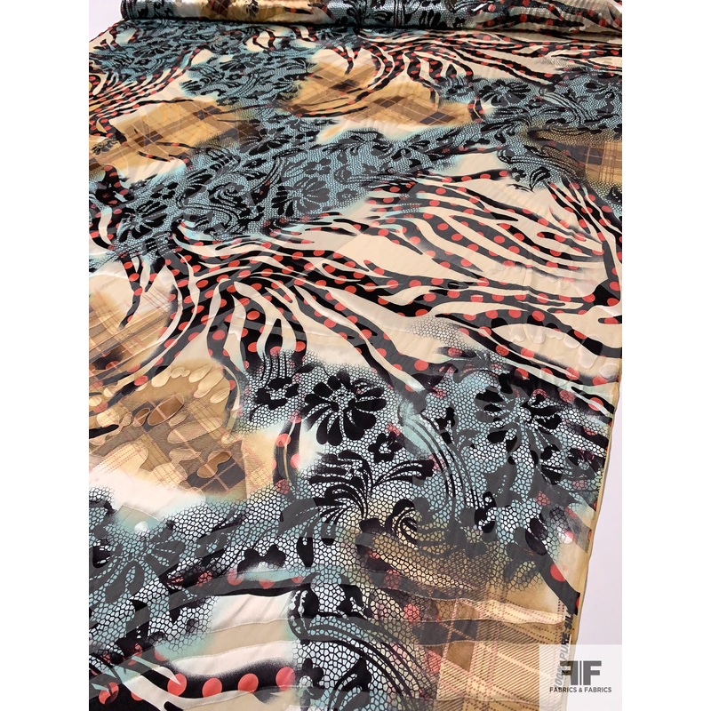 Bold Collage Printed Burnout Silk Chiffon – Golden Tan / Black / Seafoam / Coral Fabric by the Yard