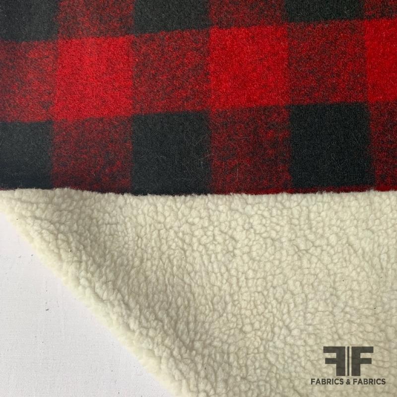 Buffalo Plaid with Sherpa Backing Wool-Like Coating – Red/Black/White Fabric by the Yard