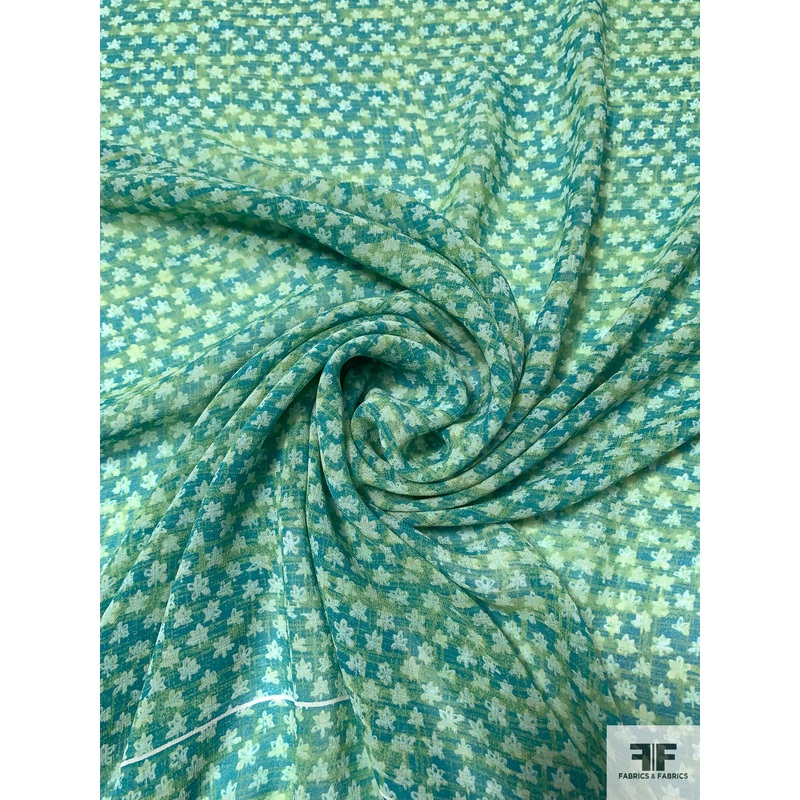 Ditsy Floral Printed Silk Chiffon Panel – Green-Teal / Lime / Mint Fabric by the Panel