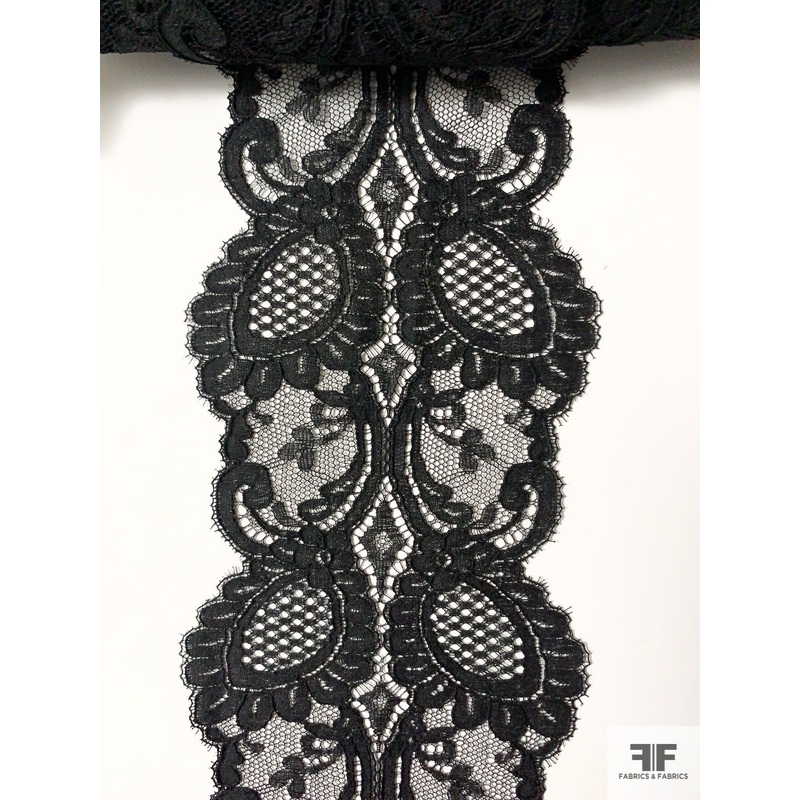 French Paisley Leaf Chantilly Lace Trim – Black Fabric by the Yard