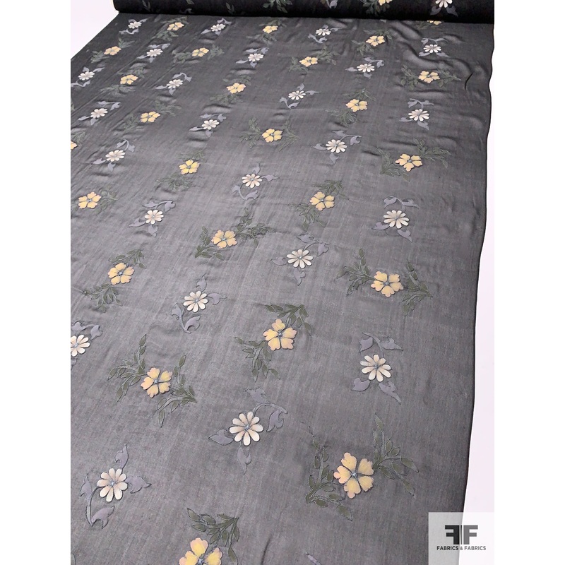 Hand Painted Floral Silk Chiffon with Thread Embroidery – Black / Army Green / Grey / Muted Yellow Fabric by the Yard