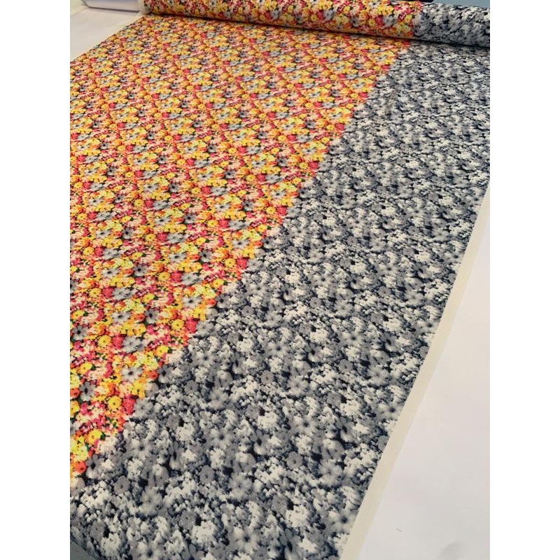 Hazy Floral Pattern Ombr-Like Silk Georgette – Yellow / Coral / Grey Fabric by the Yard