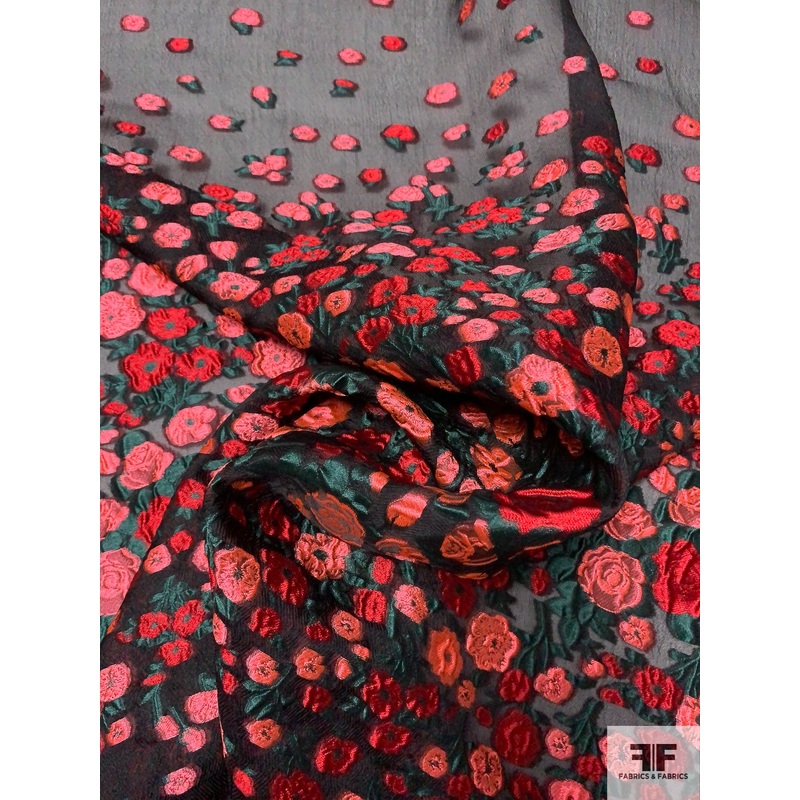 Italian Floral Fil Coup Textured Silk Gauze-Gazar Panel – Red / Coral / Black / Hunter Green Fabric by the Panel