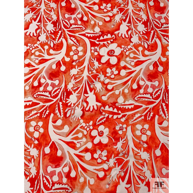 Italian Playful Floral Printed Stretch Viscose Crepe – Red-Orange / Off-White Fabric by the Yard