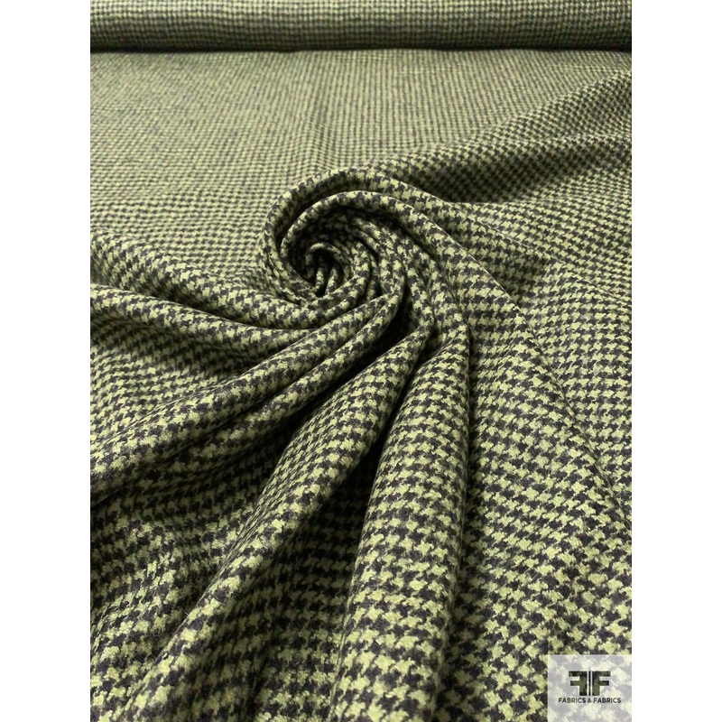Italian Small Houndstooth Virgin Wool and Alpaca Jacket Weight – Moss Green / Black Fabric by the Yard