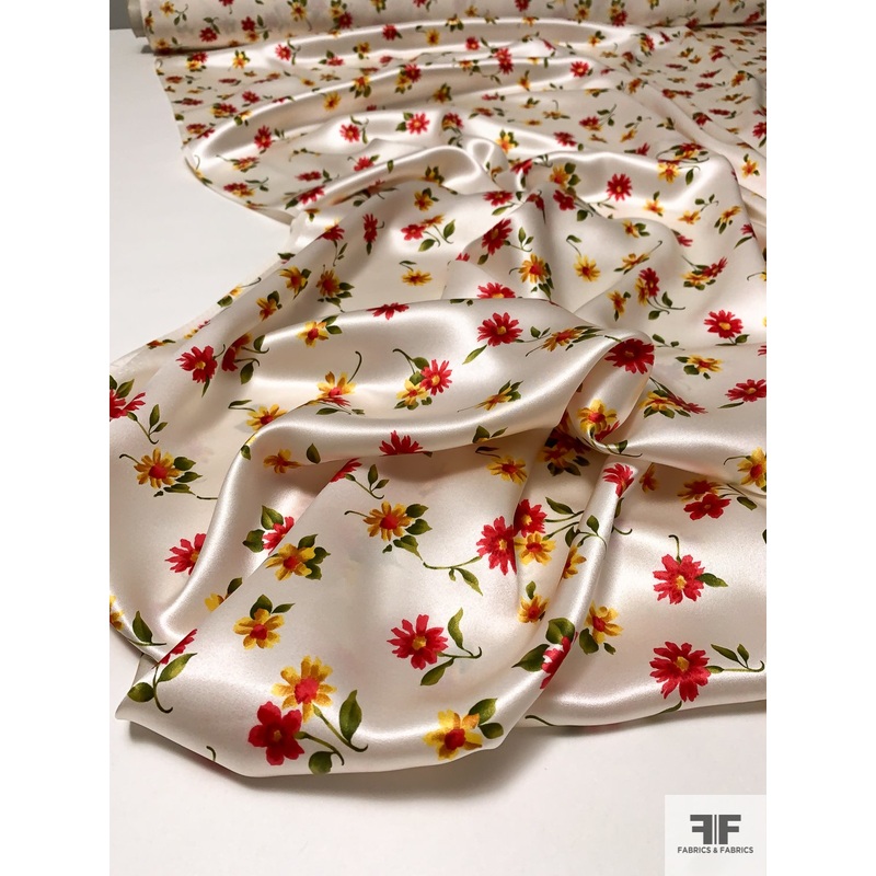 Joyful Floral Printed Silk Charmeuse – Red / Yellow / Green / Off-White Fabric by the Yard