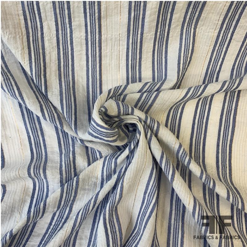 Metallic Crinkled Striped Cotton – Off White/Blue Fabric by the Yard