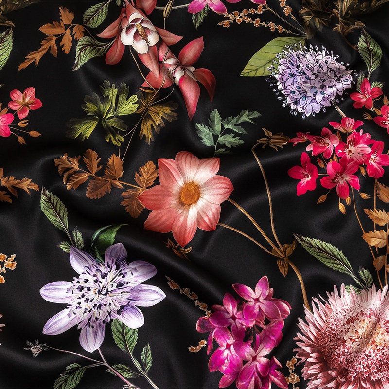 Mood Exclusive Italian Black, Pink and Green Floral Silk Charmeuse