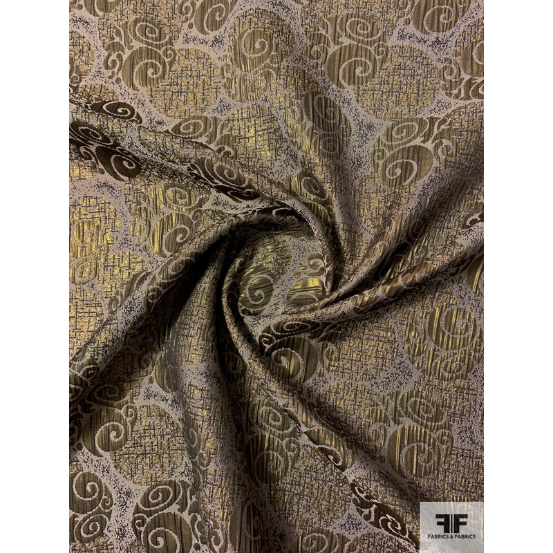Ornate Circle Slightly Textured Metallic Brocade – Dirty Gold / Black / Bone Fabric by the Yard