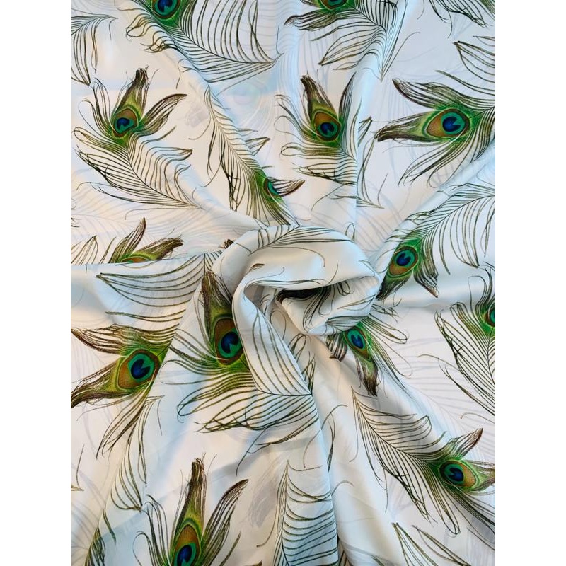 Peacock Feathers Printed Silk Charmeuse – Green / Brown / White Fabric by the Yard