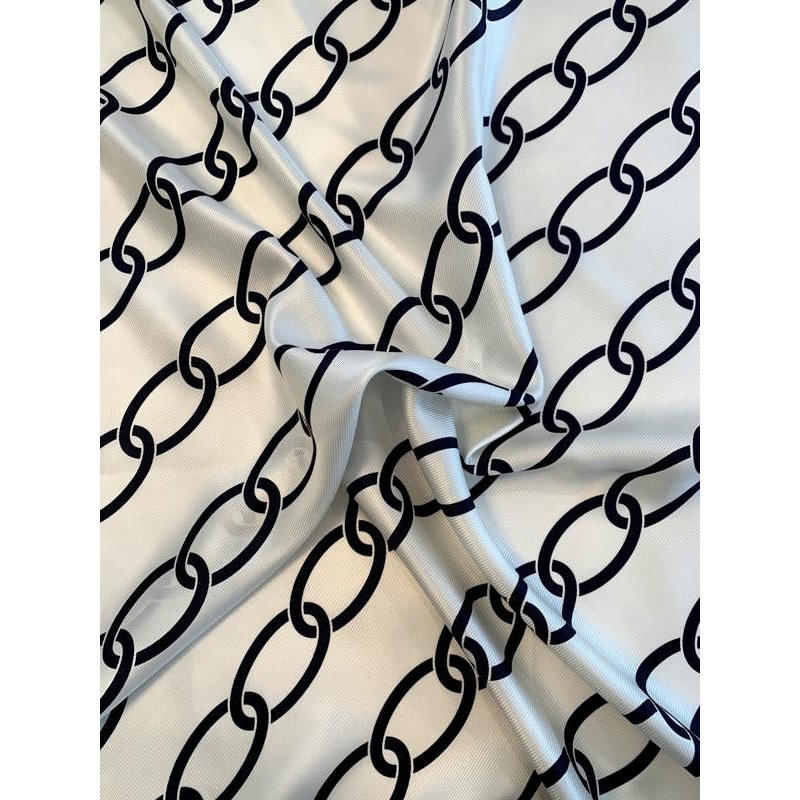 Diagonal Chain Links Printed Silk Twill – Ivory / Navy Fabric by the Yard