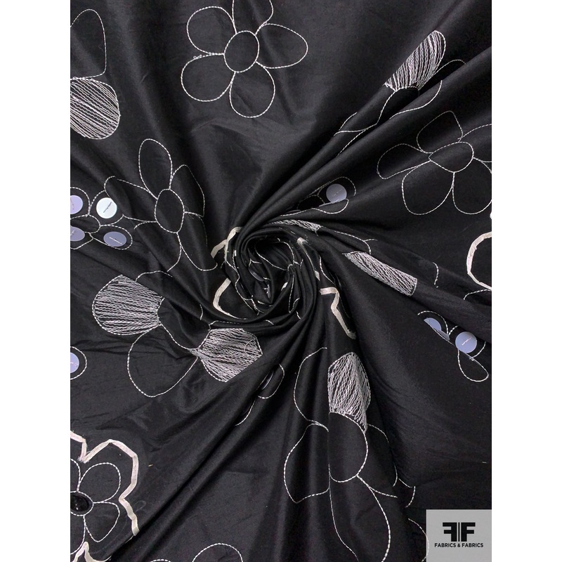 Floral Embroidered Silk Shantung with Ribbon Work and Sequins – Black / Off-White Fabric by the Yard