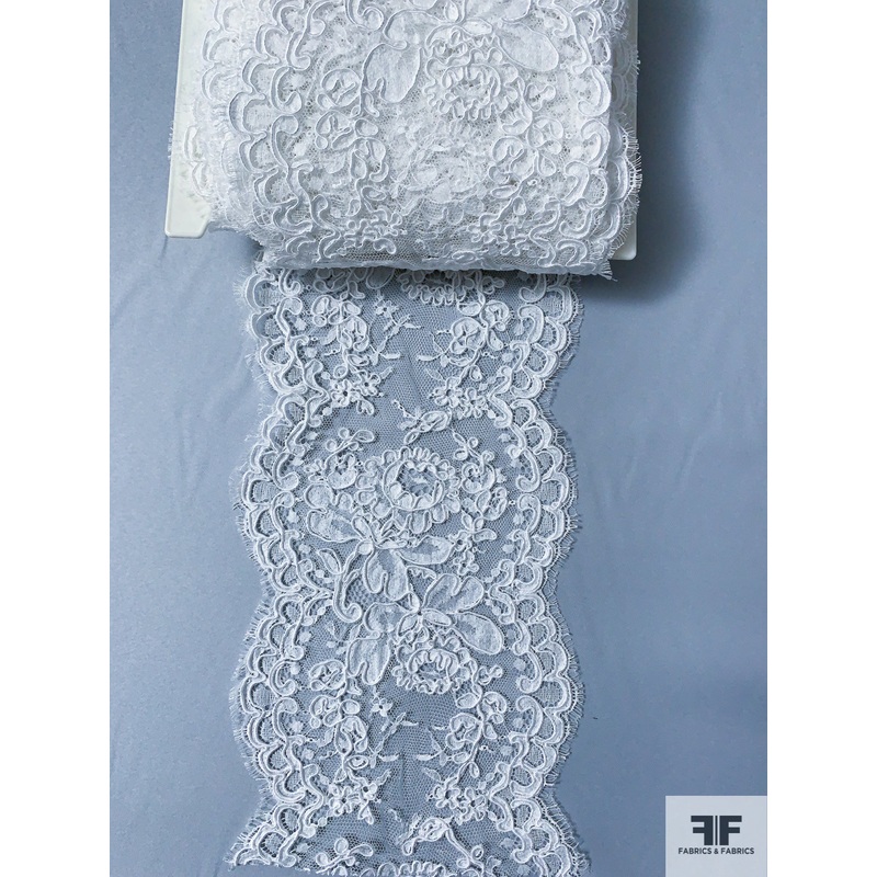 French Double-Scalloped Floral Fine Alencon Lace Trim – White Fabric by the Yard