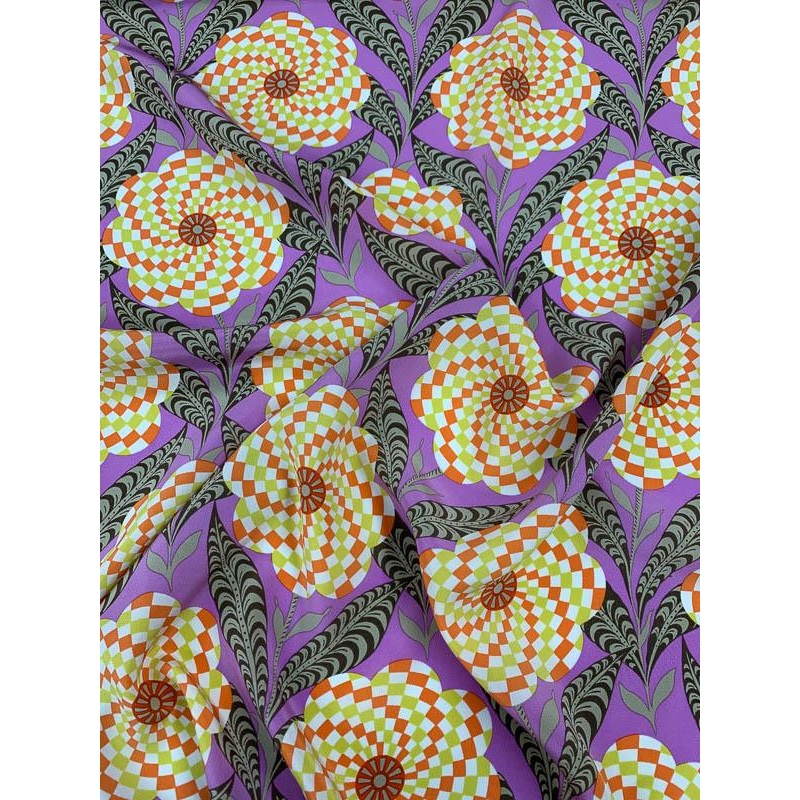 Groovy Floral Windmills Printed Silk Crepe de Chine – Purple / Orange / Multicolor Fabric by the Yard