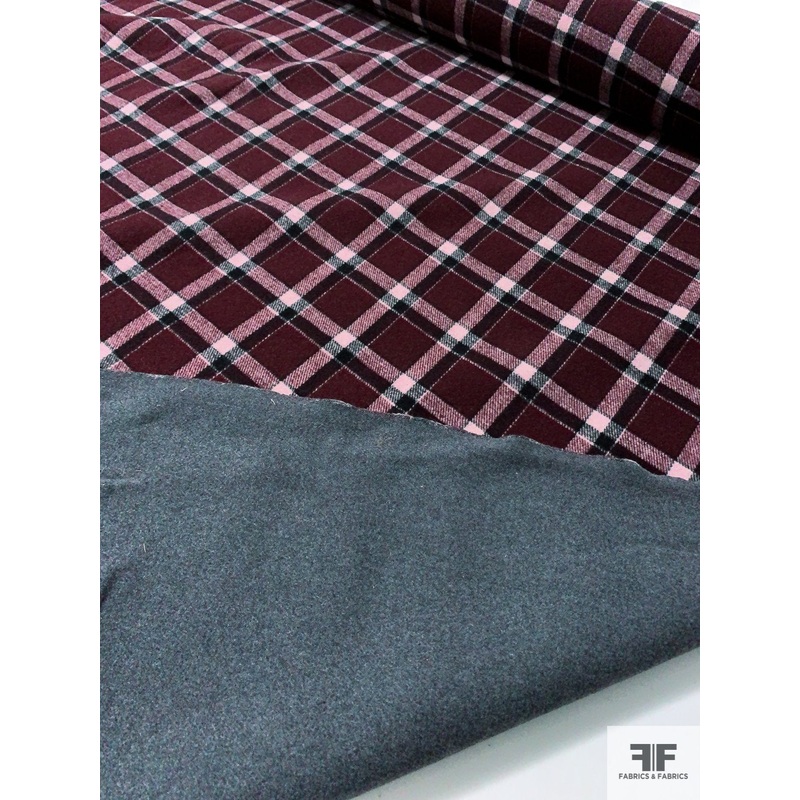 Italian Double-Faced Plaid and Solid Wool Coating – Boysenberry / Black / Light Pink Fabric by the Yard