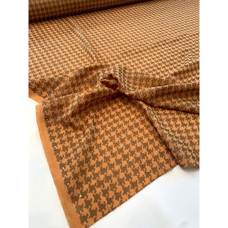 Italian Plain-Weave Virgin Wool Suiting with Houndstooth Print – Orange / Bronze Fabric by the Yard