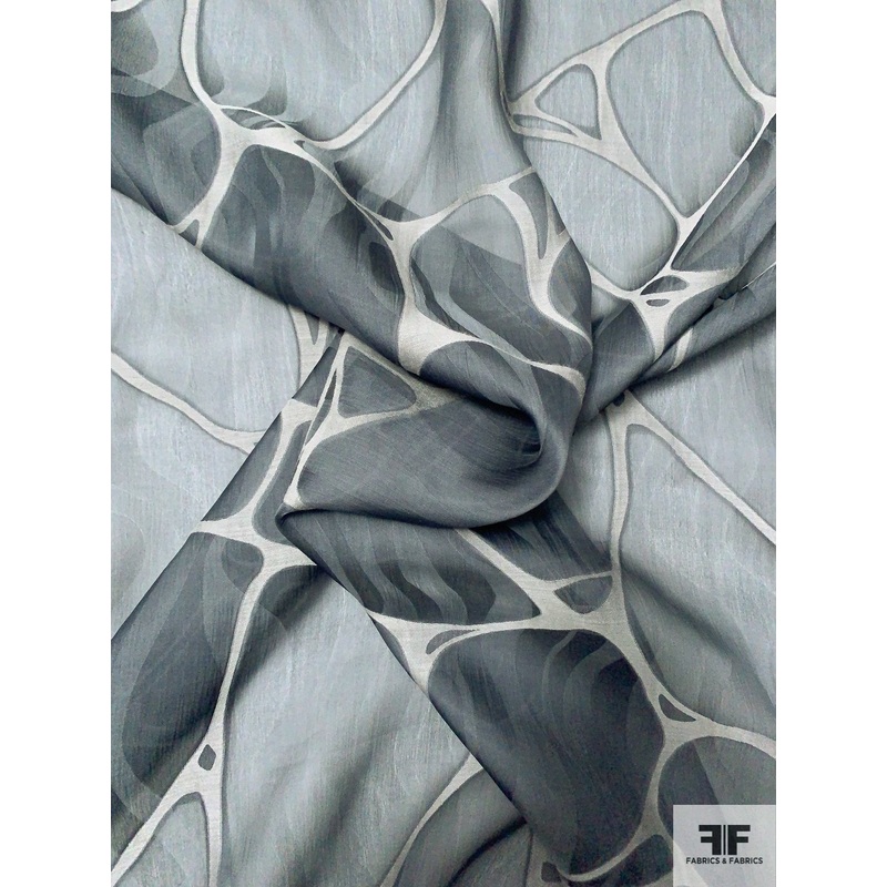 Italian Wavy Jacquard with Rock Pattern Fil Coup Washed Finish Silk Organza – Gunmetal Grey / Grey Fabric by the Yard