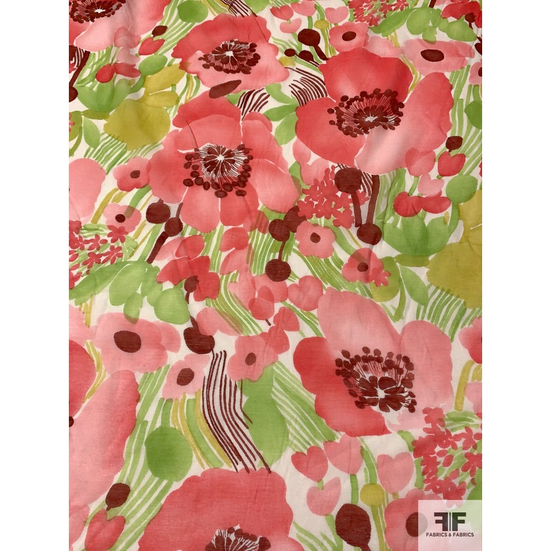 Lush Floral Printed Cotton-Silk Voile – Deep Coral / Pink / Lime Green Fabric by the Yard