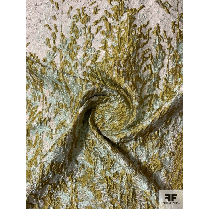 Luxurious Abstract Silk Brocade – Olive Green / Light Mint / Blushy Nude Fabric by the Yard