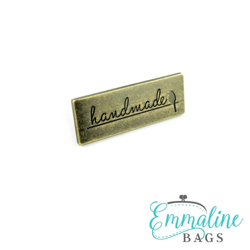 Metal Bag Label: “Handmade” w/bird in Antique Brass
