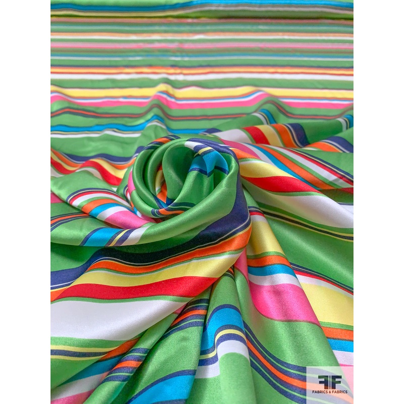 Multicolor Horizontal Striped Printed Silk Charmeuse – Green / Pink / Yellow / Orange Fabric by the Yard