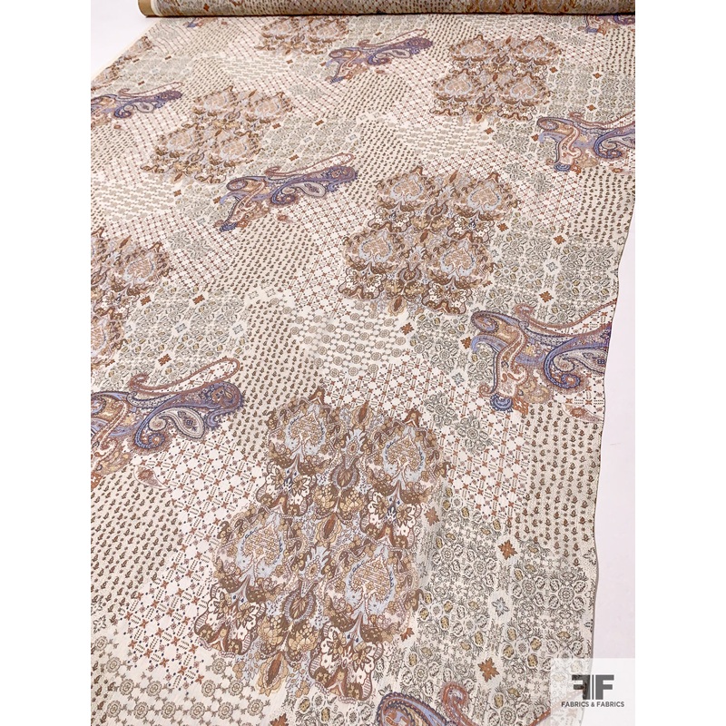 Paisley Regal Theme Printed Crinkled Silk Chiffon – Browns / Periwinkle / Navy / Ivory Fabric by the Yard