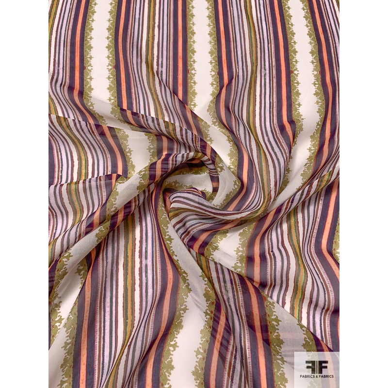 Vertical Detailed Striped Printed Silk Chiffon – Purple / Lilac / Peach / Lime / Off-White Fabric by the Yard