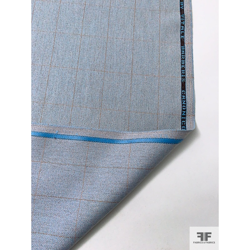 Windowpane Heavy Wool Suiting – Sky Blue / Light Grey / Saddle Brown Fabric by the Yard